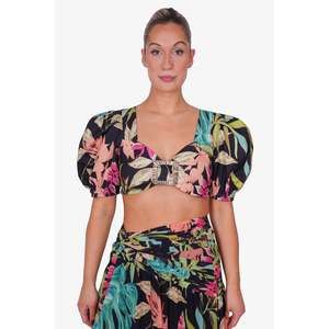PatBO Black Tropicalia Puff Sleeve Cropped Top sz 10